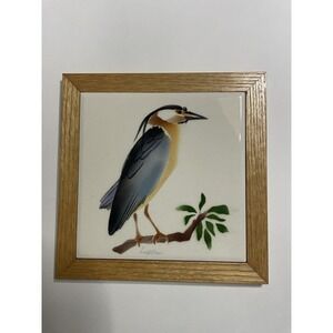 Hand Painted Great Blue Heron Tile Trivet Signed Dal-Tile USA 8x8 MCM Wood Frame